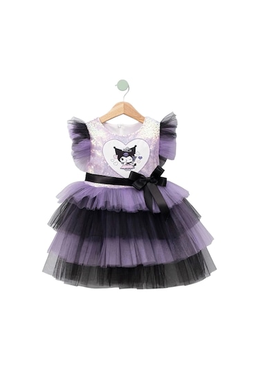 Kız Çocuk Kuromi Modelli Tül Tütü Etekli Elbise Lila