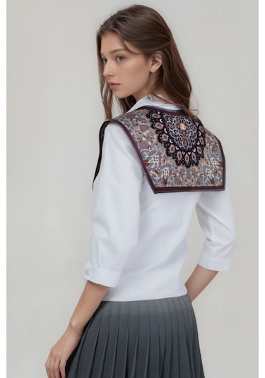Walkenzo Bohem Stil Etnik Desenli Kadın Omuz Şalı Kahverengi - Gri