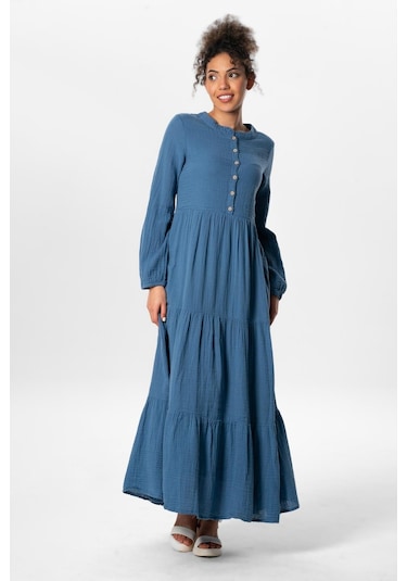 Uzun Kol Akay Uzun Düğme Detay Yazlık Müslin Elbise İndigo İndg-indigo İndigo