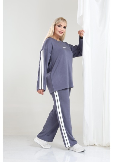 Kadın Büyük Beden Uzun Kollu Şerit Detaylı Oysho Tarzı Modal Kumaş Takım Gri
