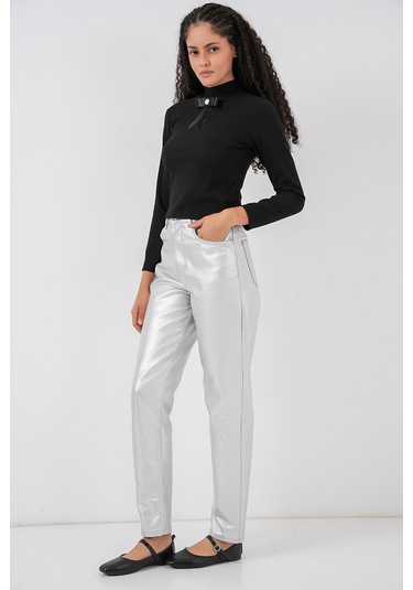 Kadın Yüksek Bel Parlak Pantolon 6738 - Gümüş Gümüş