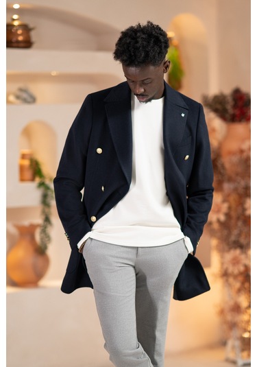 Paul Martin İtalyan Yaka Yünlü Kruvaze Kaşe Kaban Lacivert