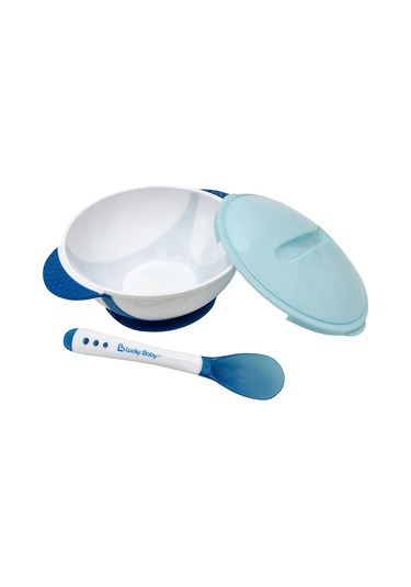 Samdoo Mavi Bebek Yemek Silikon Kase + Isil Duzenleyici Spoon, Pp + Silikon Malzeme, Sekerlekli Kapakli, Taşınabilir Çocuk Tabak 600295