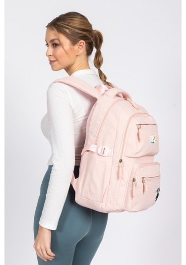 Modern Ve Fonksiyonel Tasarım Çok Gözlü, Şık Okul Sırt Çantası - Pembe Pembe