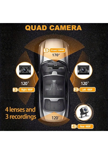 Yüksek Çözünürlüklü 1080p Kızılötesi Gece Görüşlü Park İzleme Sürüş Kaydedici, Özellikler: 3 Lens