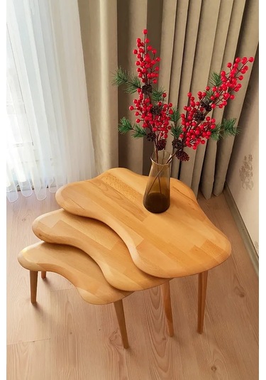Fawdecor Asimetrik Naturel Masif Doğal Ahşap Zigon Sehpa 3'lü Set