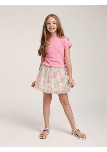 Kız Çocuk Bel Lastikli Tül Çiçek Desenli Balon Etek-15619 Çok Renkli
