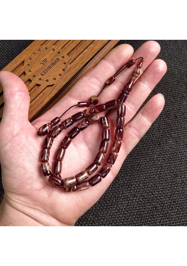 İmzalı 7X11 mm Kahve Beyaz Sıkma Kehribar Tesbih Usta İşçilikli