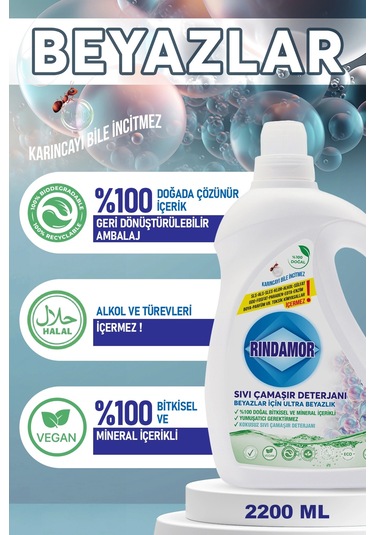 % 100 Doğal Bitkisel Sıvı Çamaşır Deterjanı - Beyazlar İçin Ultra Beyazlık - Kokusuz 2200 ML