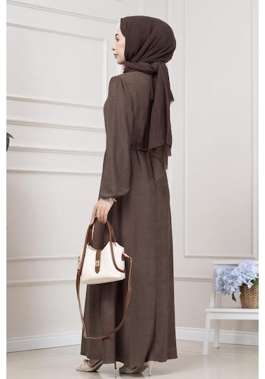 Beli Tünelli Fitilli Aslı Elbise-kahverengi-5466 Kahverengi