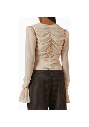 Rotate Birger Christensen Şifon Büzgülü Off White, Romantik Zarif Kadın Bluz Krem