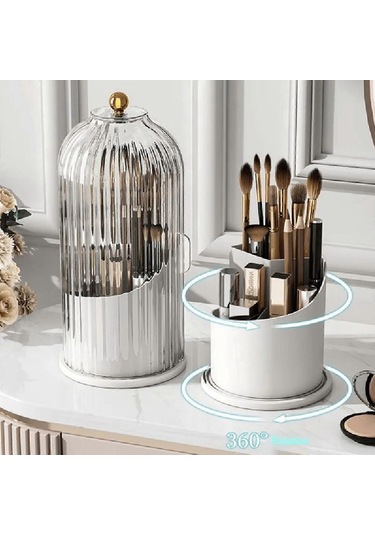 Ganzhoushop Kapaklı Makyaj Fırçası Tutucu Düzenleyici, 360 Dönebilen Şeffaf Toz Geçirmez Makyaj Fırçaları Düzenleyicibeyaz
