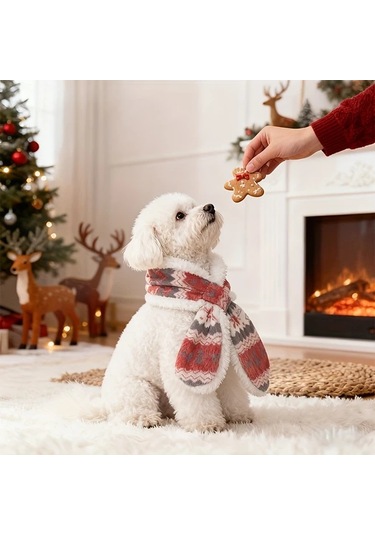 Elmpaly Mavi L Desenli Yumuşak Tüylü Köpek Atkı Kazak Yelek Kışlık