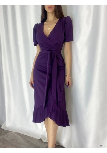 Defymoda Kadın Kruvaze Yaka Midi Boy Kuşaklı Krep Elbise 120 Cm Mürdüm