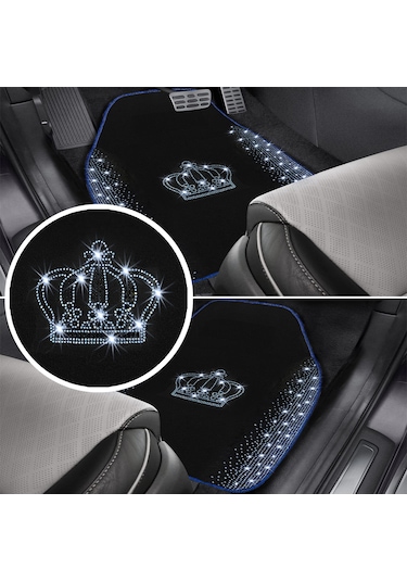 Kristal Taşlı Taç Desenli Işıltılı 5 Li Araç Oto Halı Paspas Seti Lüks & Şık Araç İçi Tasarım