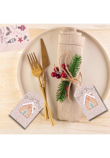 Yılbaşı Ev Temalı Hediye Etiketi, Yeniyıl, Noel Delikli Paketleme Kartı, 50 Adet-4.8x7.5 Cm, Krem