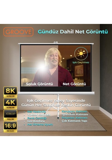 Groove Vizio Pro 150 Inch 332x188cm Blackout Işık Geçirmez Tripod Ayaklı Projeksiyon Perdesi
