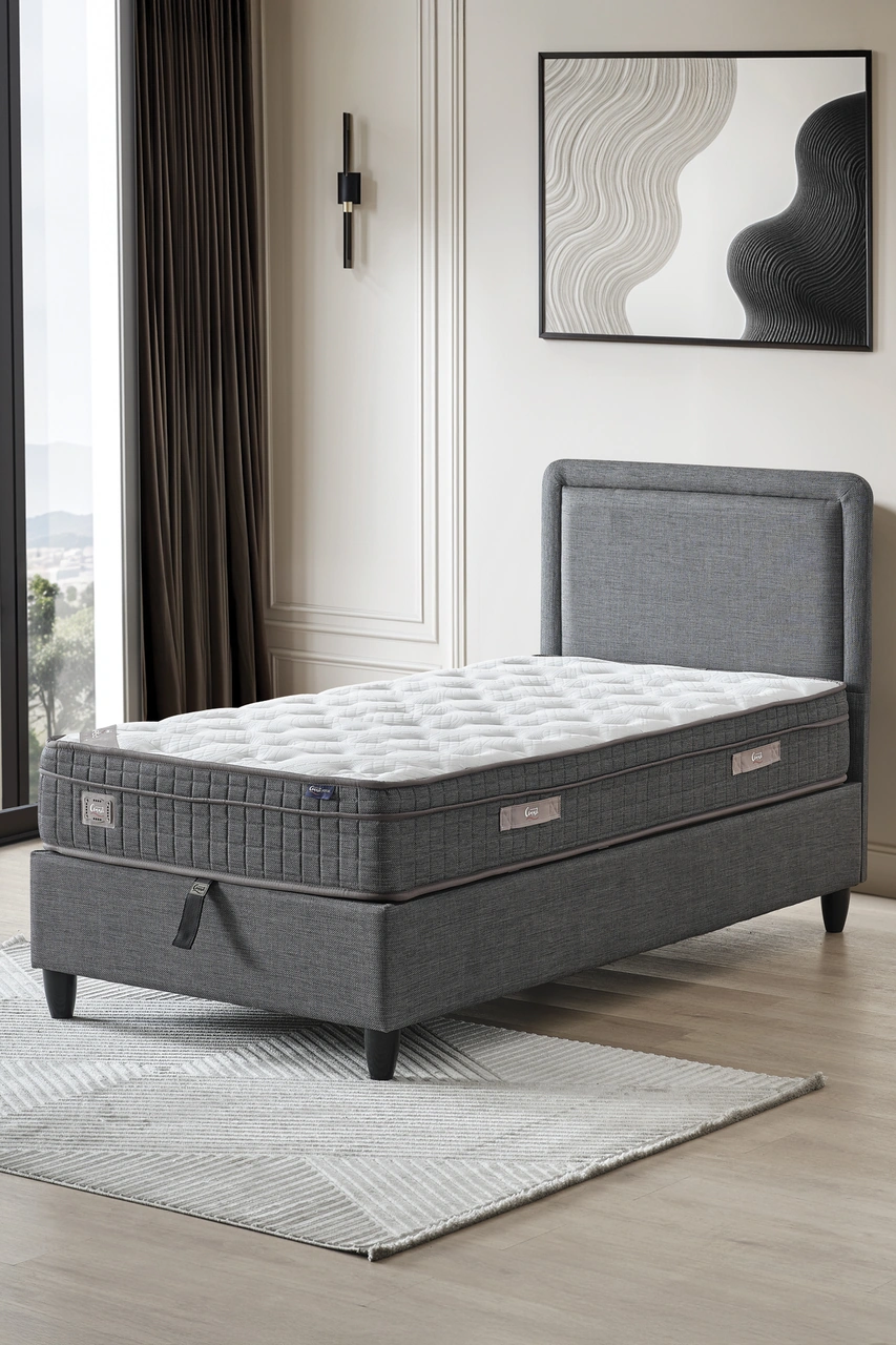 Melisa Tek Kişilik Sandıklı Baza + Full Ortopedik Antibakteriyel Visco Yatak + Başlık 3 Lü Set 90 x 190