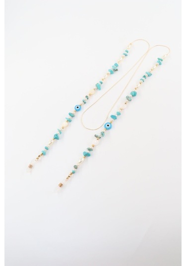 Boncuklu Gözlük İpi. Gözlük Zinciri. Tasarım İncili Doğal Taşlı. Gözlük İpi. Gözlük İpi Askısı. Beyaz - Mavi