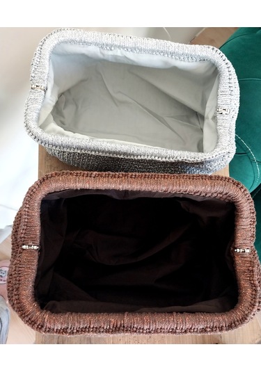 Parlak Tutmalı El Çantaları , El Yapımı Işıltılı Clutch, Örgü El Çantası Açık Gri