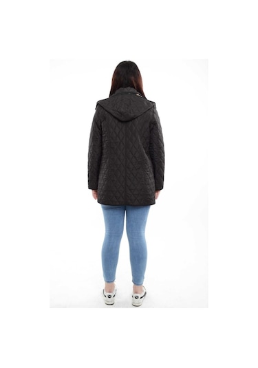 Kadın Ekose Baharlık Kapitone Mont Siyah Büyük Beden Çok Renkli