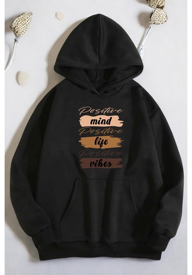 Mind Life Vibes Baskılı Oversize Sweatshirt Siyah