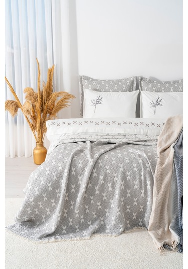 Mode Gri Nakışlı Çift Kişilik Nevresimli Battaniye Seti - 8 Parça Çeyiz Seti Gri