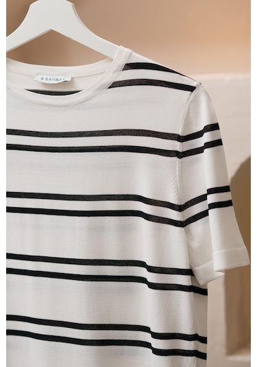 San&fa Bisiklet Yaka Çizgili Rayon Kumaş Slimfit T-shirt Beyaz