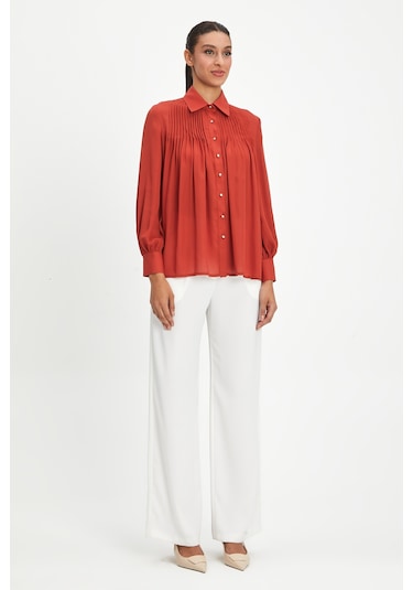 Kadın Pile Detaylı Klasik Gömlek - Taş Düğmeli, Yeşil