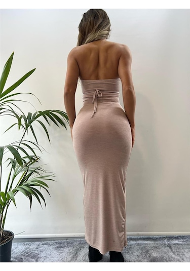 Bej Buzzy Kumaş Bağlamalı Göğüs Dekolteli Maxi Boy Elbise Bej