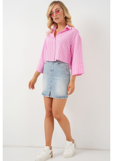 Bigdart Kadın Çizgili Oversize Kısa Gömlek 20326 - Pembe