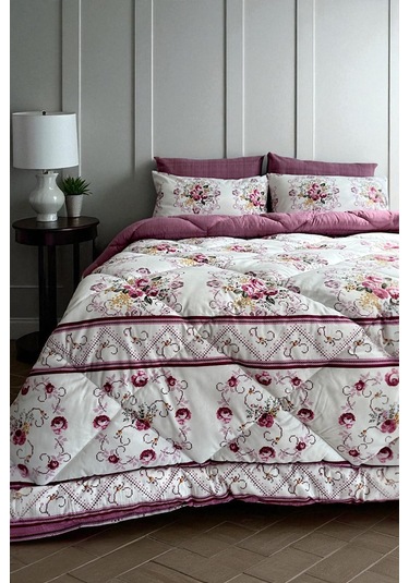Alla Turca Çift Kişilik 4 Yastık Kılıflı Lastikli Çarşaflı Çift Taraflı Desenli Uyku Seti-kanaviçe Gül Kurusu Gülkurusu