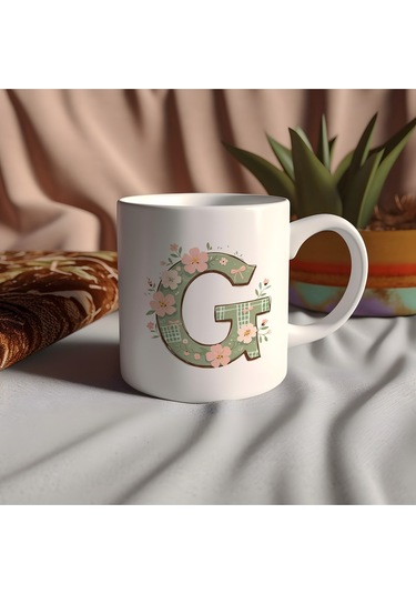G Harfli Çiçek Desenli Kupa Bardak - Ekose Desenli Yeşil Pembe Desenli Tasarım - Kişiye Özel Hediye Beyaz