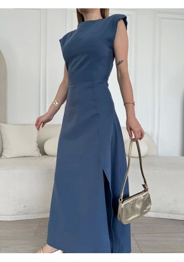 Keten Yandan Yırtmaçlı Uzun Elbise Sıfır Kol Elbise - Mavi Mavi