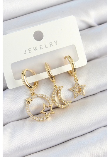 Pirinç Zirkon Taşlı Yıldız Ve Ay Model Gold Renk 3'lü Kadın Küpe Set Çok Renkli