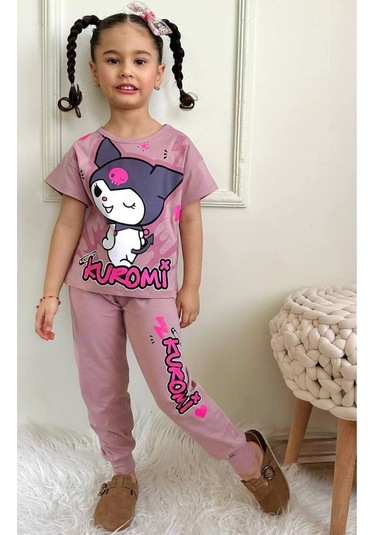 Kız Çocuk Kedi Desenli Kısa Kollu Tshırt Eşofman 2'li Takım-927 Gül Kurusu