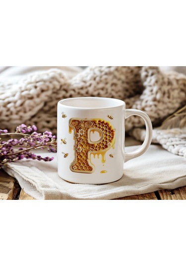 P Harfi Bal Arısı Tasarım Kupa Bardak - Bal Ve Petek Desenli Kişiye Özel Kahve Kupası - Hediyelik Beyaz