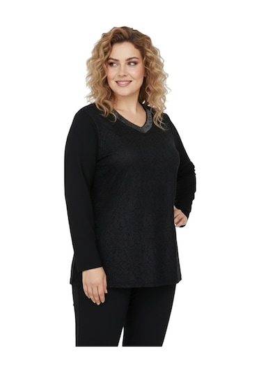 Wearon Kadın Siyah V Yaka Taşlı Bluz Bgl-st05149 Siyah