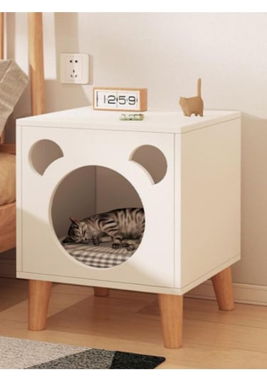 Modern Kedi Evi & Komodin - Kedi Başı Tasarımlı Ahşap Yan Sehpa