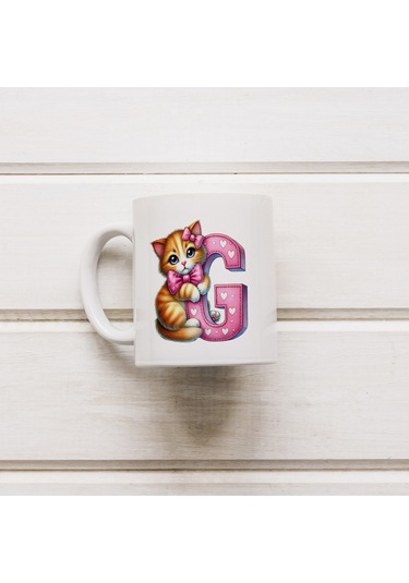 G Harfli Bardak, Sevimli Kedili Pembe Tasarım Bardak, Arkadaşa Aileye Hediye Porselen Beyaz
