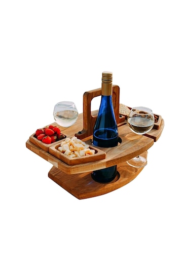 Taşınabilir Piknik Ahşap Şarap Kadehi Tutucu Ayrılabilir Şarap Masası Ahşap Rengi