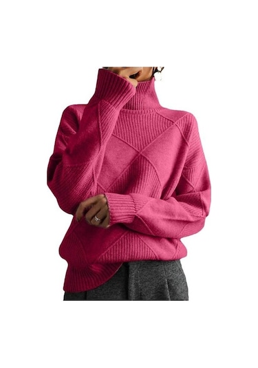 Fastbuy Bej Renk Kadın Büyük Beden Bol Mizaçlı Seyahat Örme Kazak, Yüksek Yaka, Düz Desen Kazak Bej