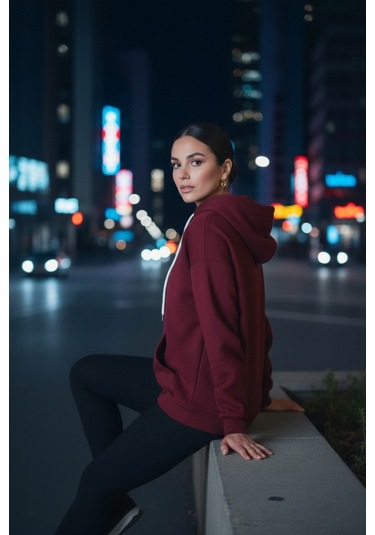Bordo Şardonlu Kapüşonlu Sweatshirt Bordo