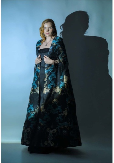 Crystalia Özel Turkuaz Desen Jakar Kumaş Ve Straplez Saten Elbise Kaftan Set Çok Renkli