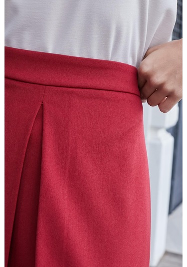 Kadın Yüksek Bel Hafif Likralı Kumaş Pilikaşeli Diz Boy Çan Etek-kırmızı Kırmızı