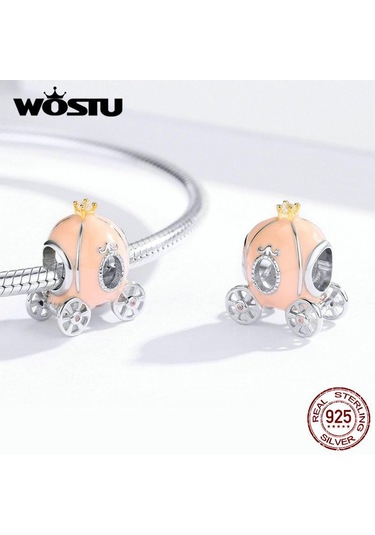 Wostu 925 Ayar Gümüş Pembe Kabak Sepeti Boncuk Zirkon Charms Fit Orijinal Bilezik Kolye Pembe Altın
