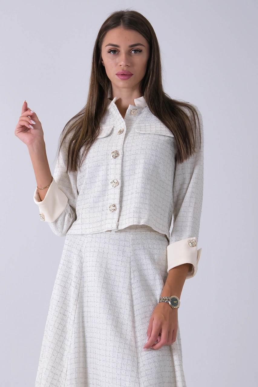 Feminist Ekru Önü Düğme Kapamalı Crop Ceket Etekli Tüvid Takım 45950601.147 Ekru