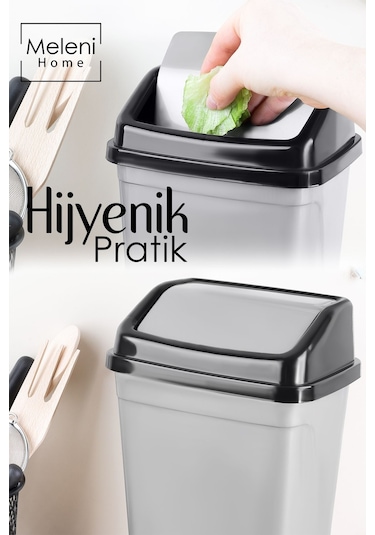 Kapaklı Plastik Çöp Kovası - Ev Ofis Banyo Mutfak Tezgah Üstü Çöp Kovası Gri 2,5 Litre Gri