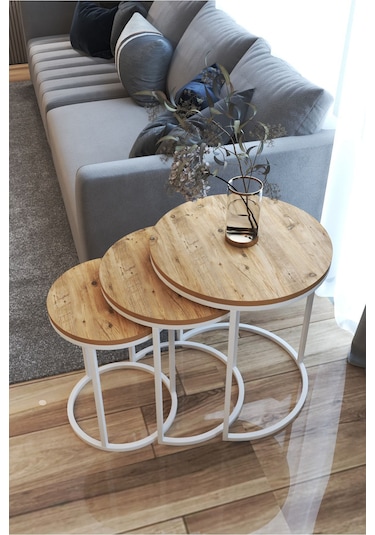 3' Lü C Zigon Sehpa Beyaz Ayak Atlantik Çam 18 Mm Sunta