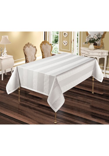 Şerit Pano Desen Leke Tutmaz Yemek Masa Örtüsü 160x220 Cm Krem